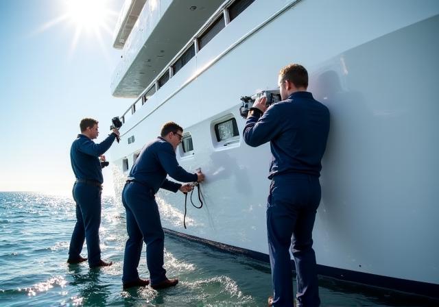 Professionisti che effettuano la manutenzione di uno yacht di lusso