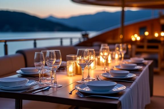 Cena di lusso sul ponte di uno yacht al tramonto